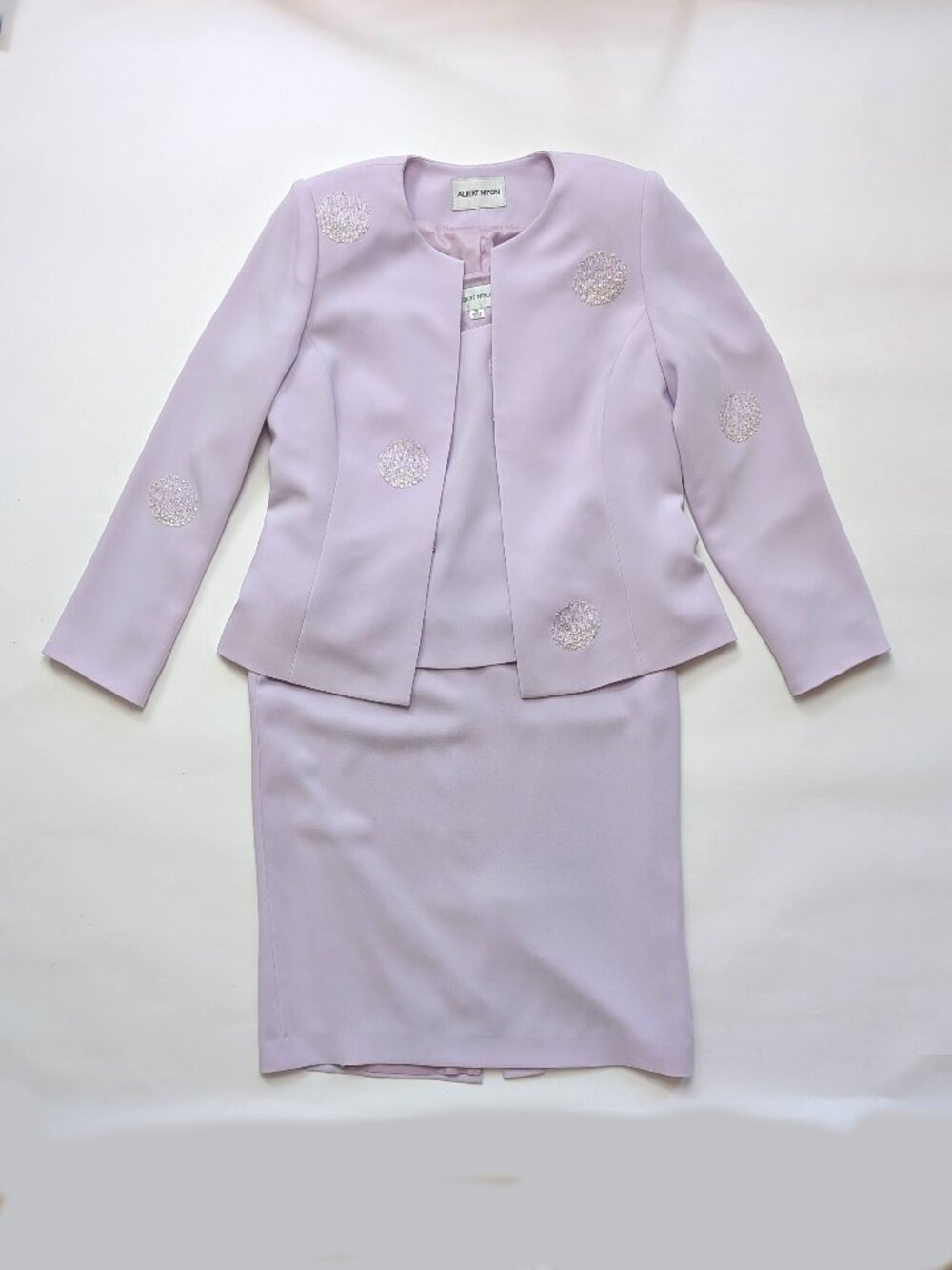 Albert Nipon 3-Piece Skirt Suit Set Lavender Beaded Jacket Top Pencil Skirt